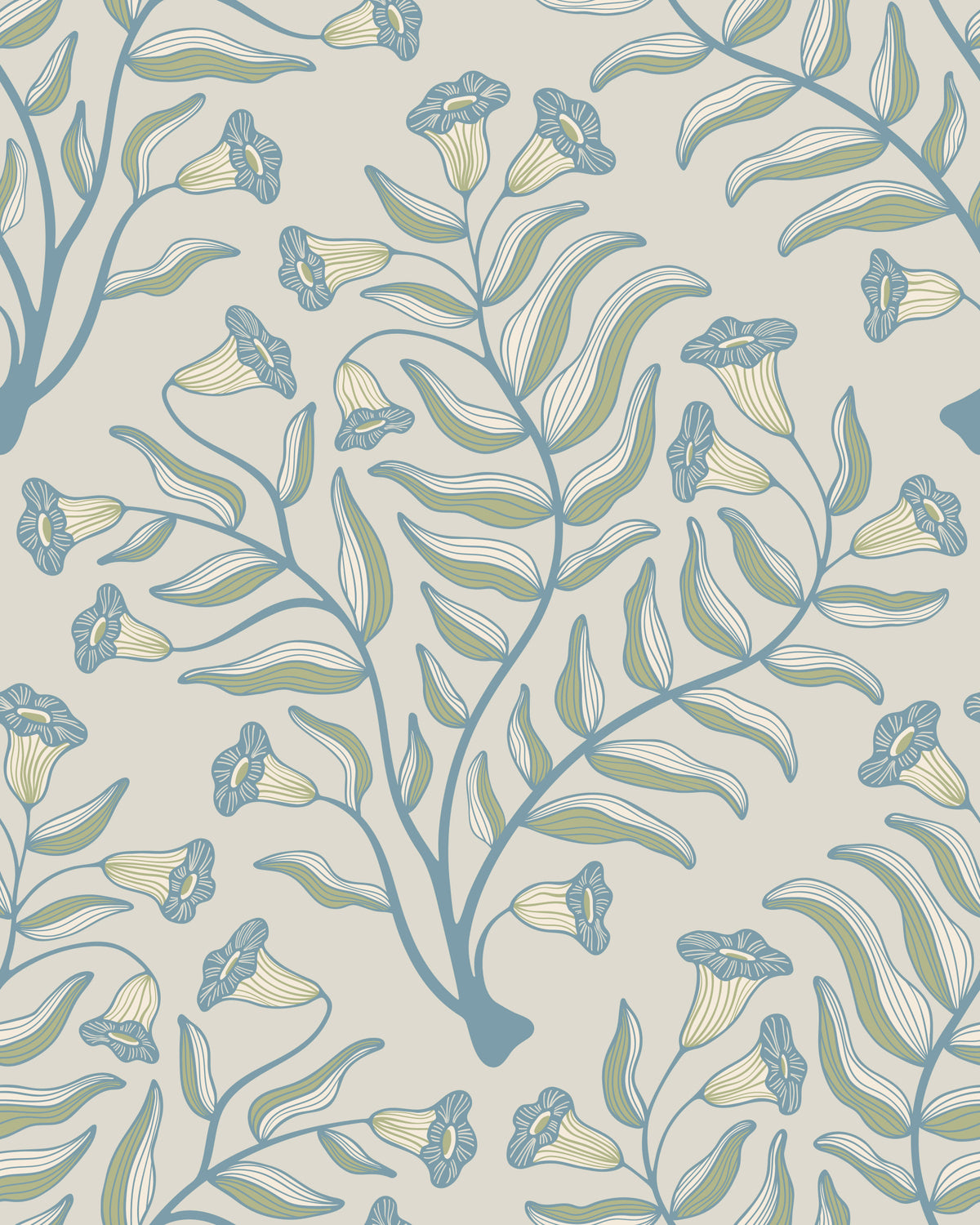 Trumpet Flower Damask Vintage Floral Botanical Cottage Blue Sage Green Gray Wallpaper⁠ in your room