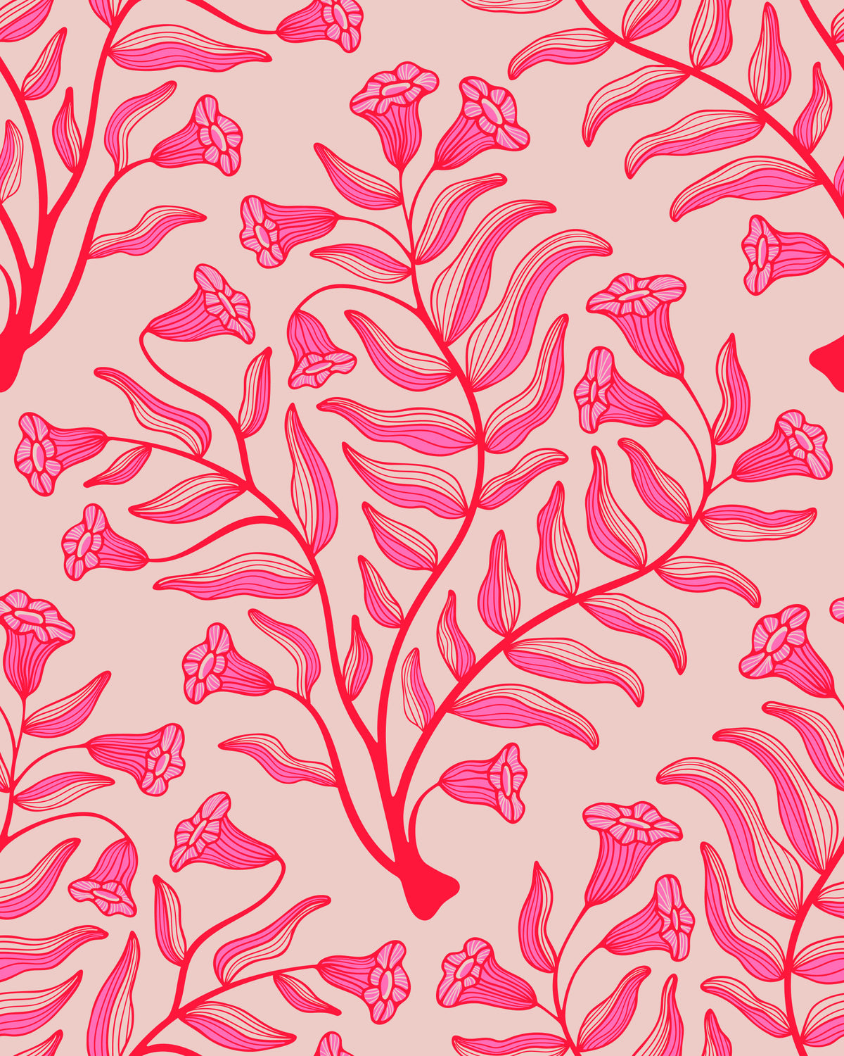Trumpet Flower Damask Vintage Floral Botanical Fuchsia Red Light Pink Wallpaper⁠ in your room