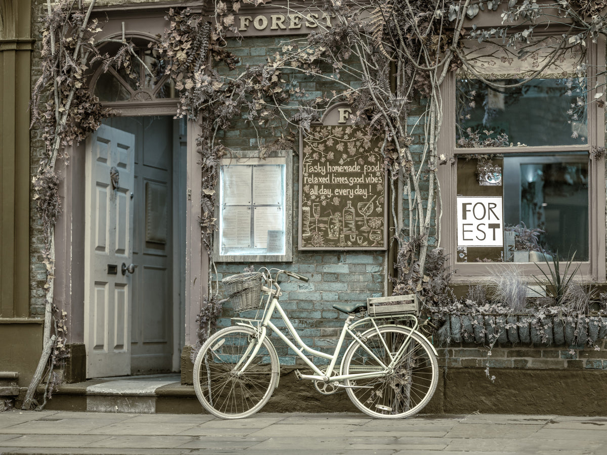 Classic Bicycle Cafe Charm Wall Mural in your room — zoomed