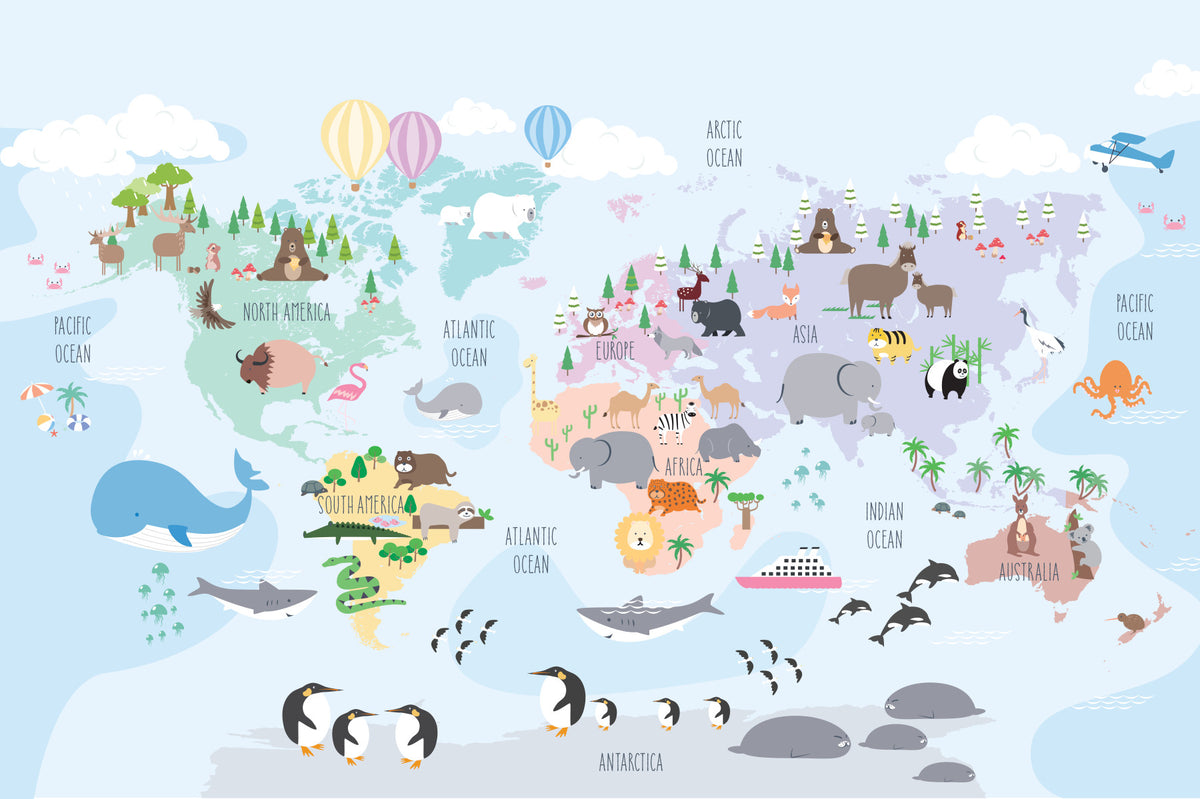 Whimsical World Animal Map Wall Mural in your room