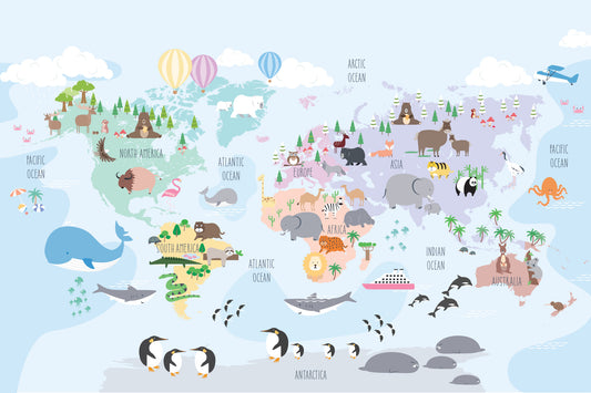 Whimsical World Animal Map Wall Mural