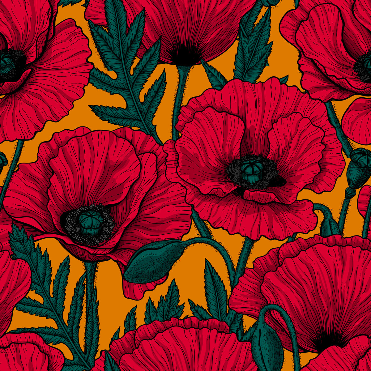 Red poppies on orange Wallpaper⁠ in your room