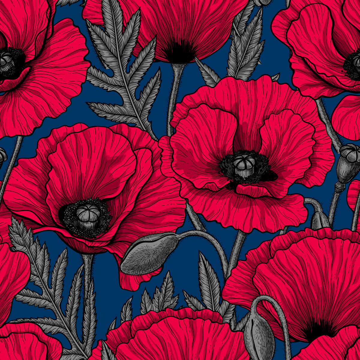Red poppies on dark blue Wallpaper⁠ in your room — zoomed