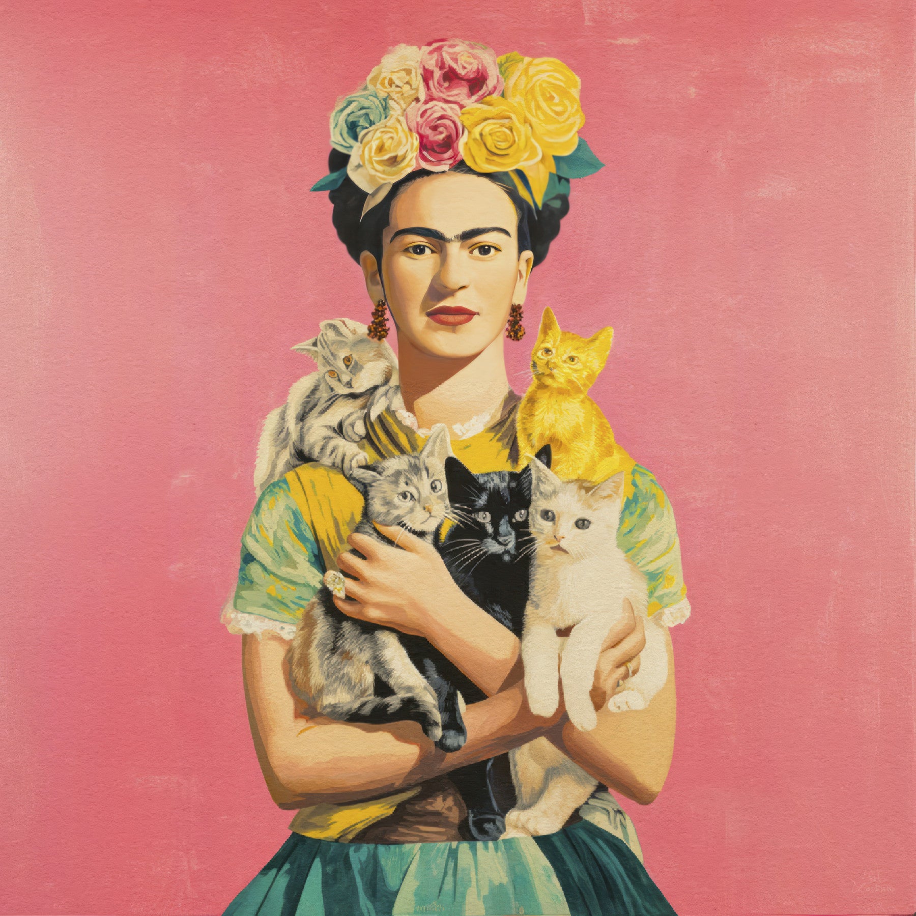 Botanical Muse Wall Mural with cat companions

