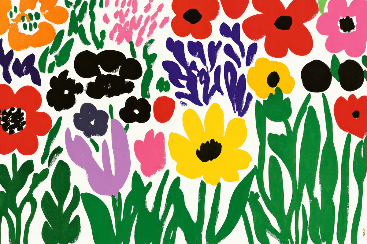 Vintage Matisse Cut-Out Flowers in a Joyful Abstract Garden Scene Wall Mural in your room