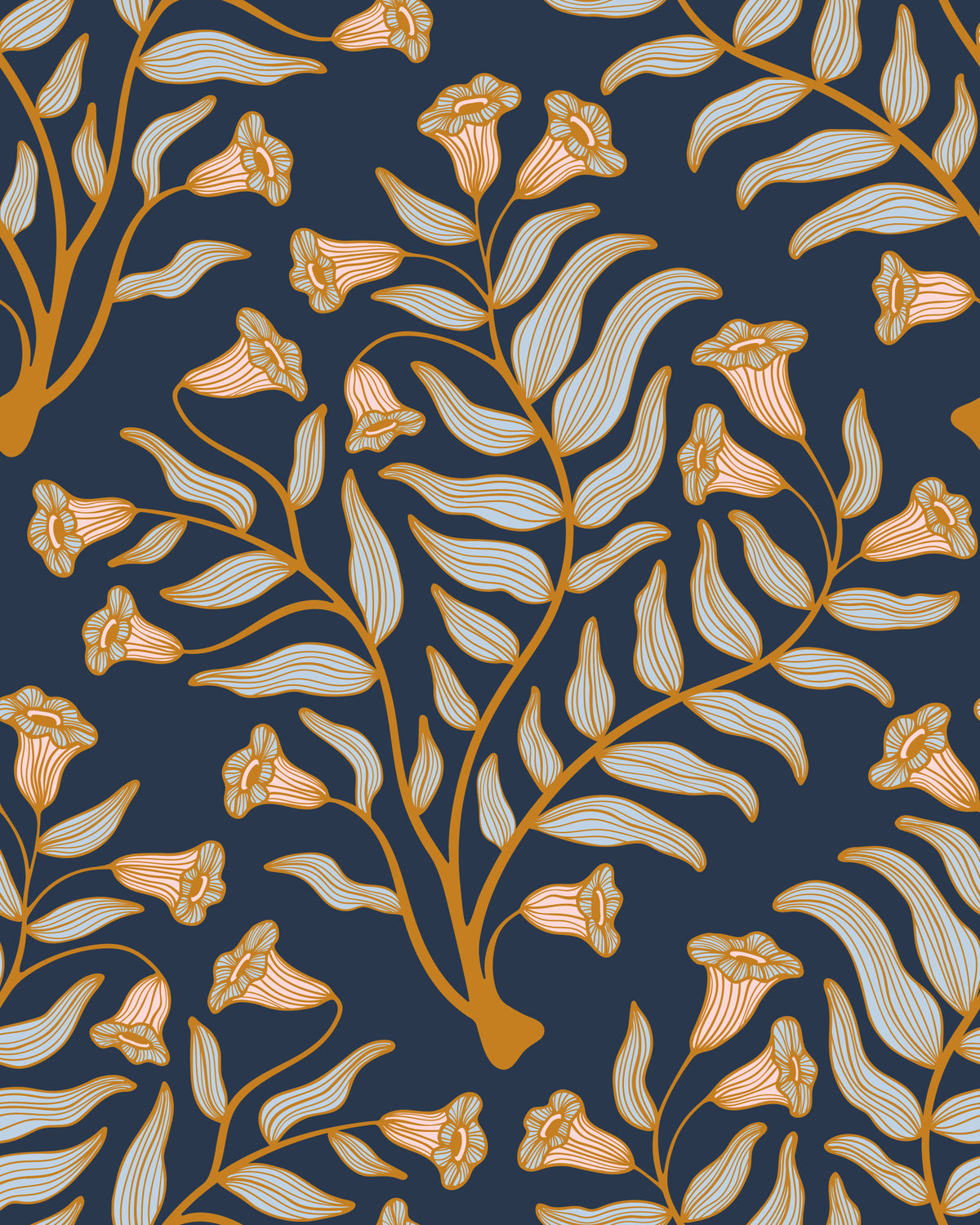Trumpet Flower Damask Vintage Floral Botanical Dark Indigo Blue Wallpaper⁠ in your room — zoomed