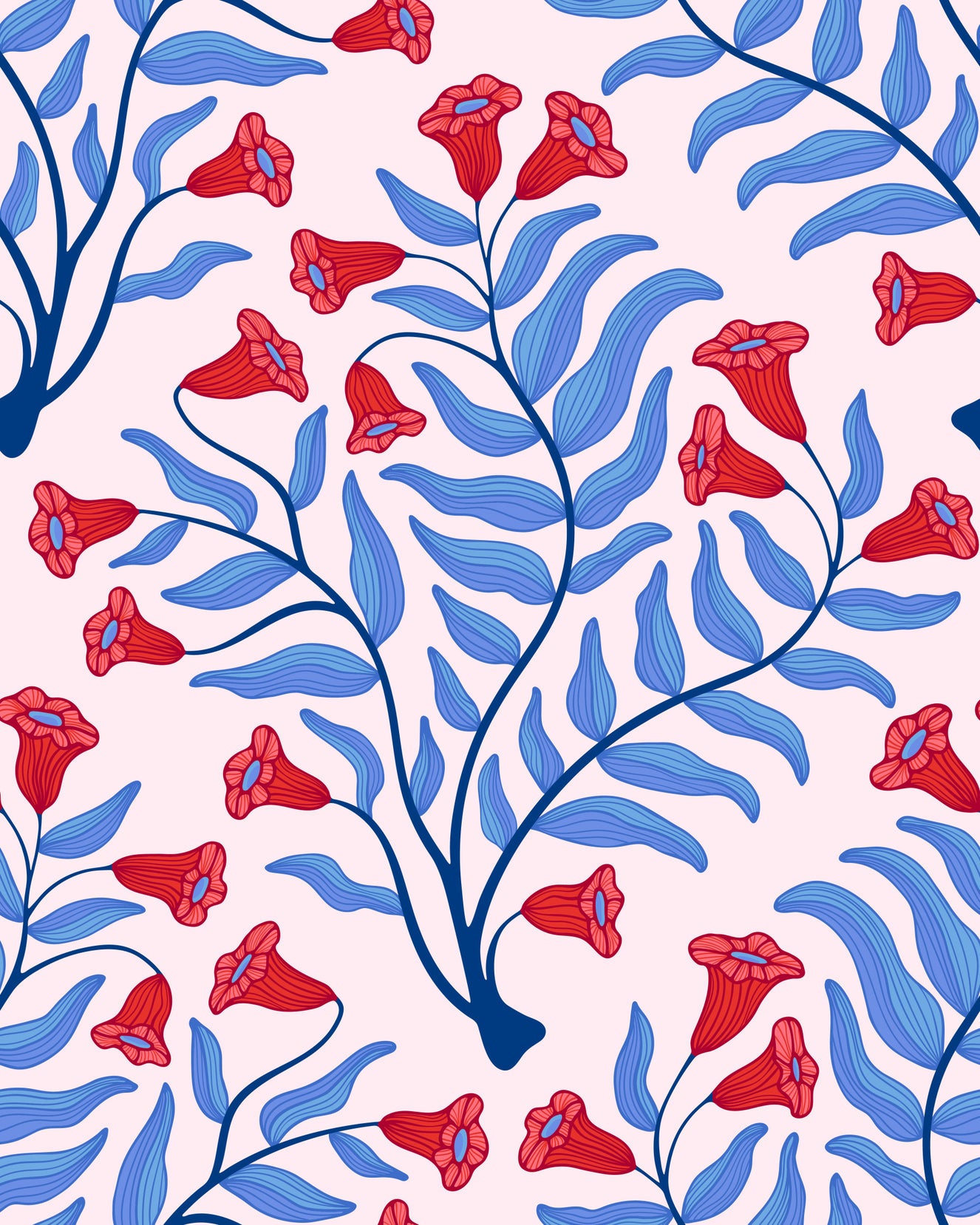 Trumpet Flower Damask Vintage Floral Botanical Cool Blue Red Light Pink Wallpaper⁠