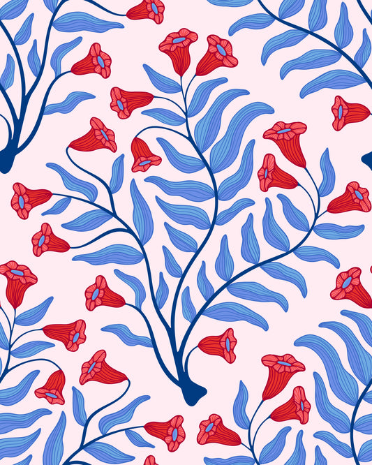 Trumpet Flower Damask Vintage Floral Botanical Cool Blue Red Light Pink Wallpaper⁠