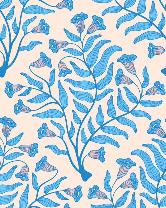 Trumpet Flower Damask Vintage Floral Botanical Light Blue Cream Wallpaper⁠
