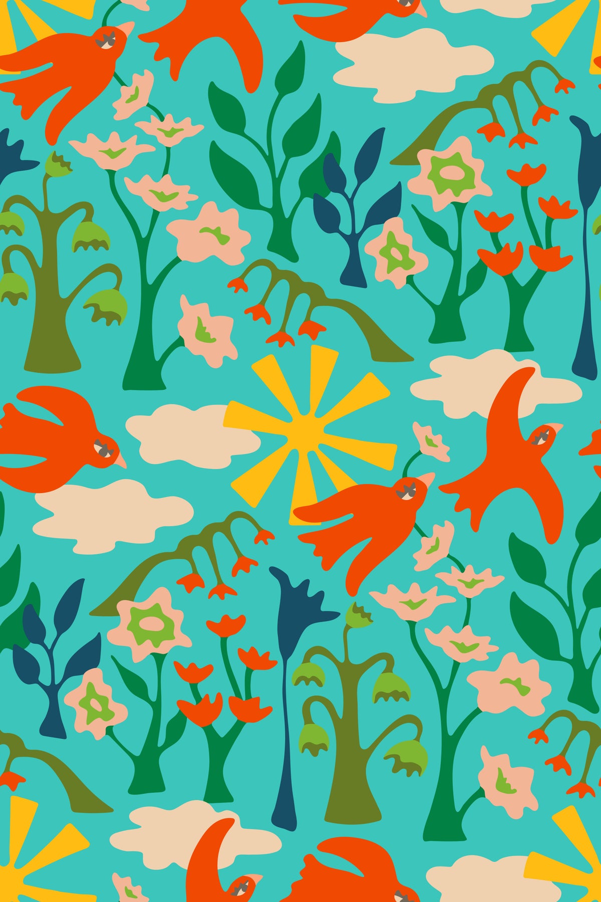 Garden Birds Charming Summer Floral Happy Bright Red Turquoise Wallpaper⁠ in your room