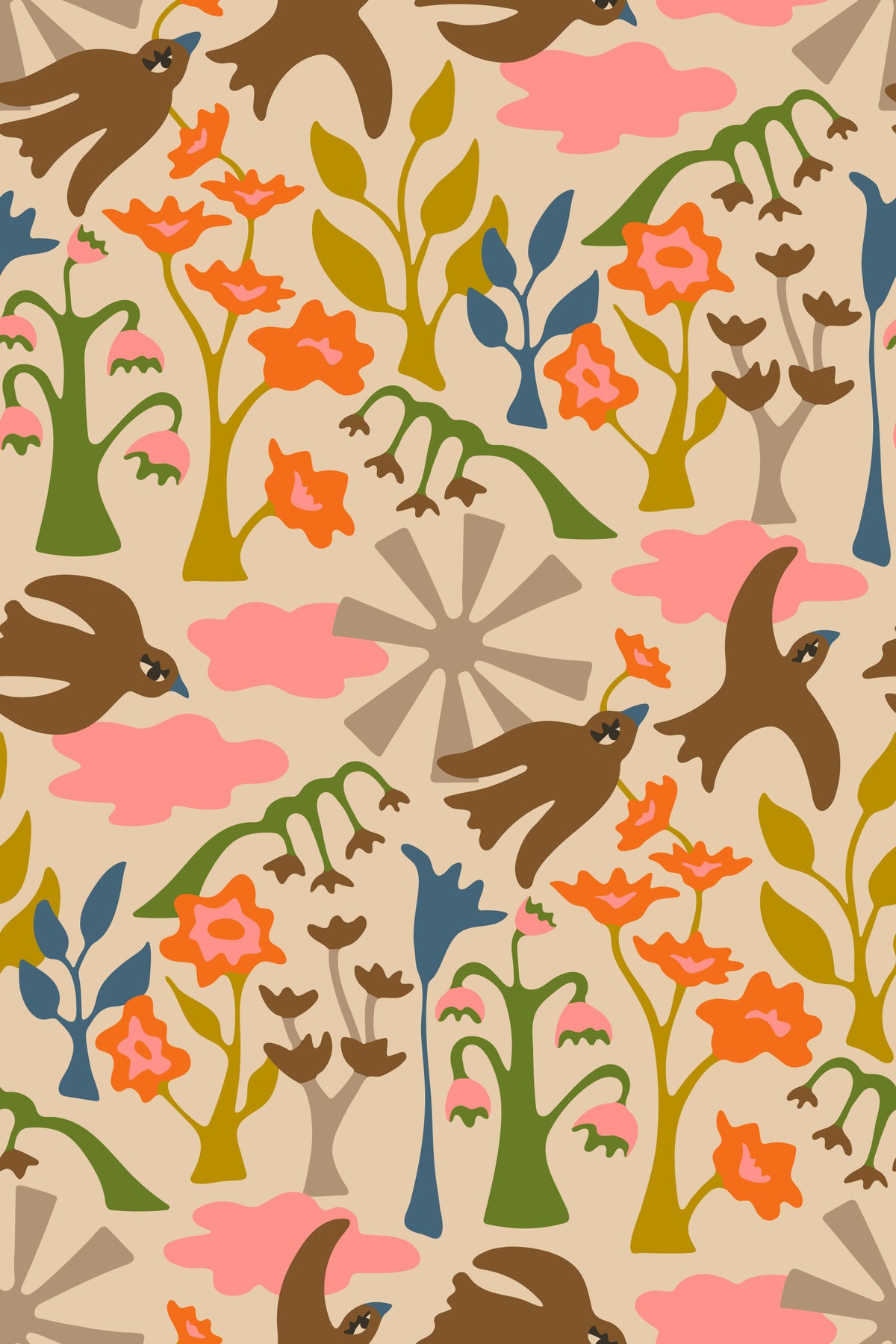 Garden Birds Charming Summer Floral Earthy Brown Green Pink Orange Wallpaper⁠ in your room
