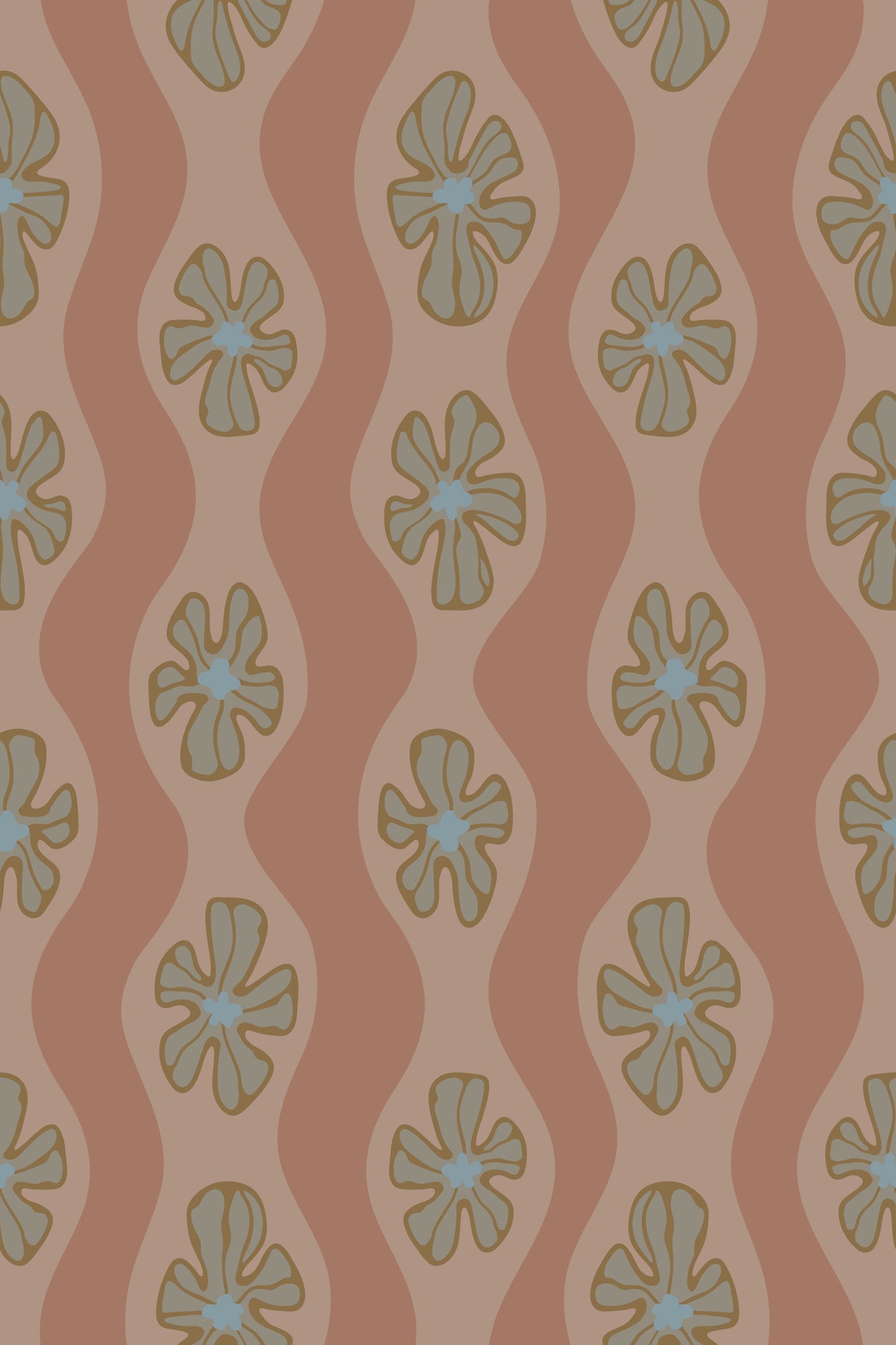 Ripple Floral Retro Flower Mid Century Wavy Stripes Mocha Mousse Brown Wallpaper⁠ in your room