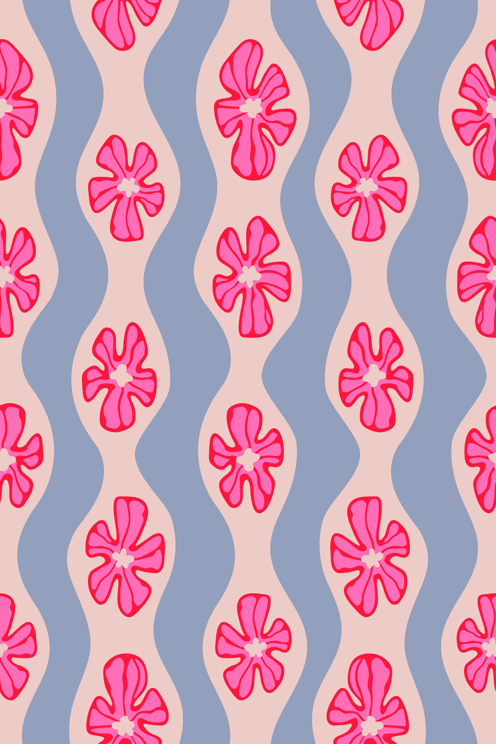 Ripple Floral Retro Flowers Mid Century Wavy Stripes Pretty Pink Lavender Wallpaper⁠ in your room