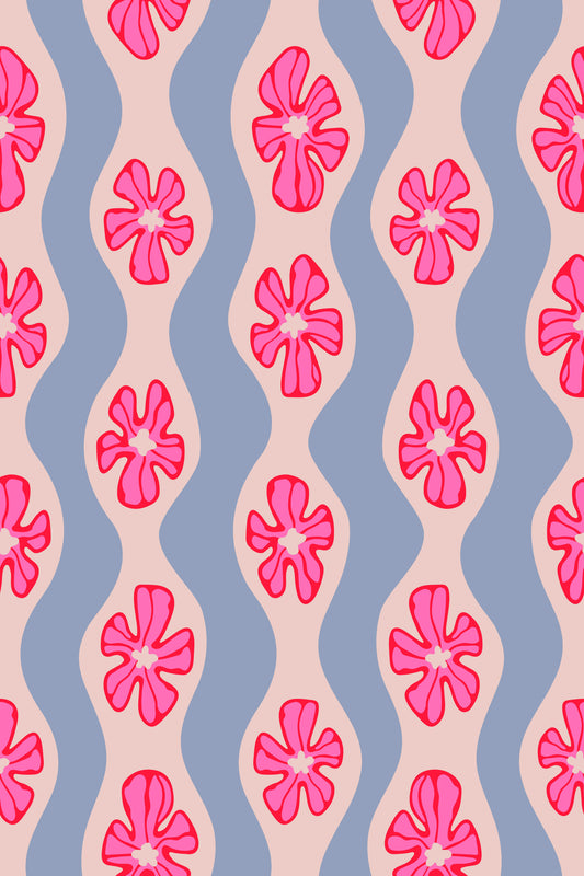 Ripple Floral Retro Flowers Mid Century Wavy Stripes Pretty Pink Lavender Wallpaper⁠