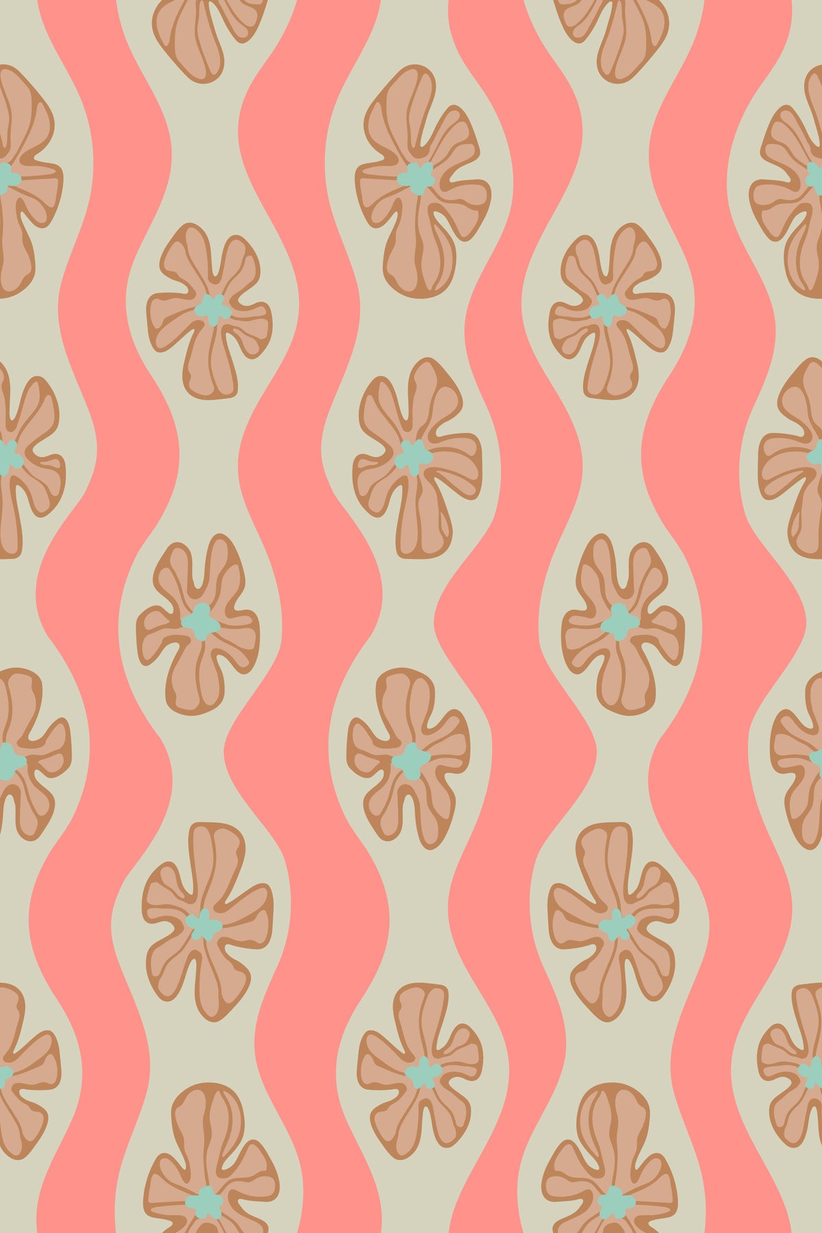 Ripple Floral Retro Flowers Mid Century Wavy Stripes Cottage Cream Beige Blush Orange Pink Wallpaper⁠ in your room