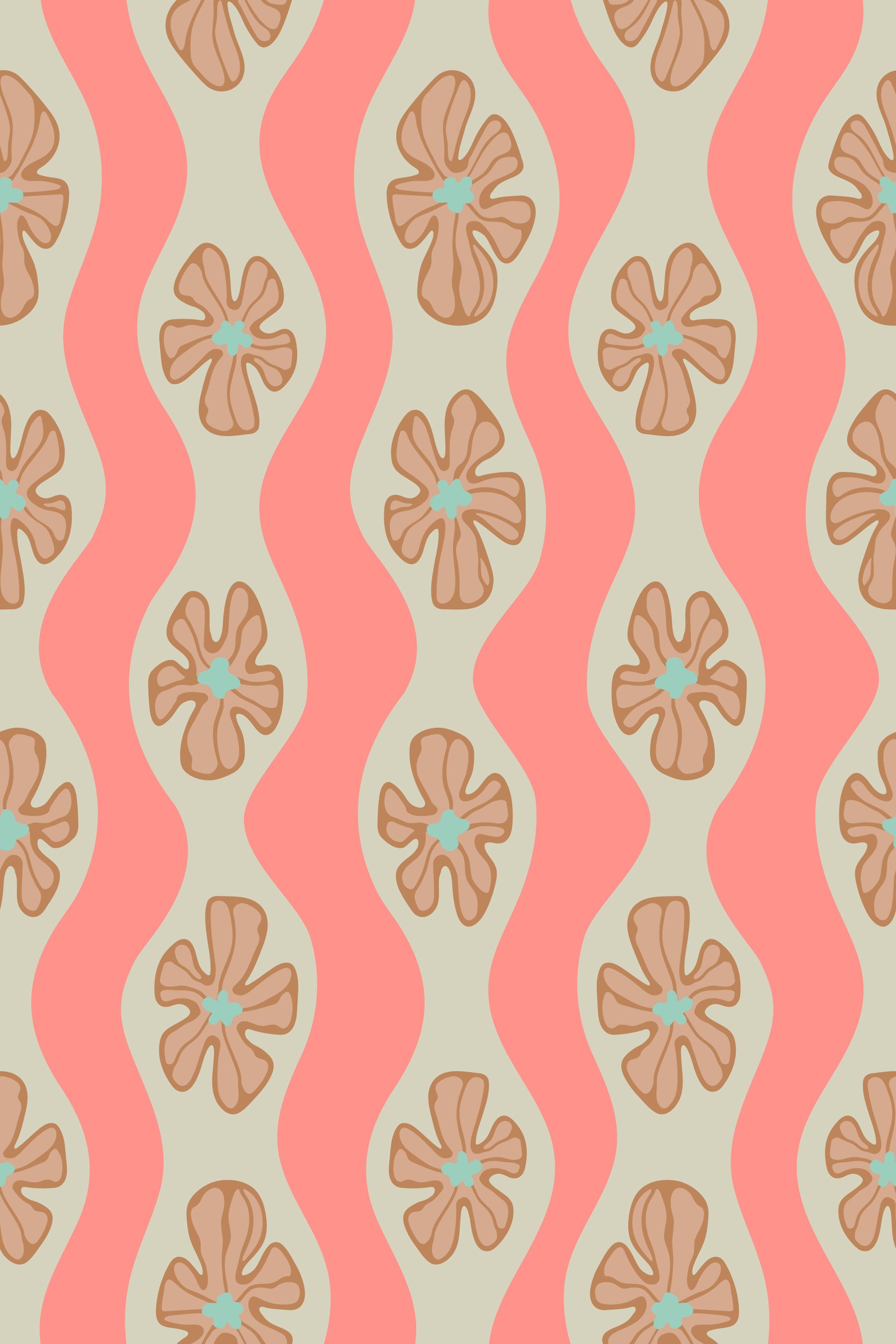 Ripple Floral Retro Flowers Mid Century Wavy Stripes Cottage Cream Beige Blush Orange Pink Wallpaper⁠