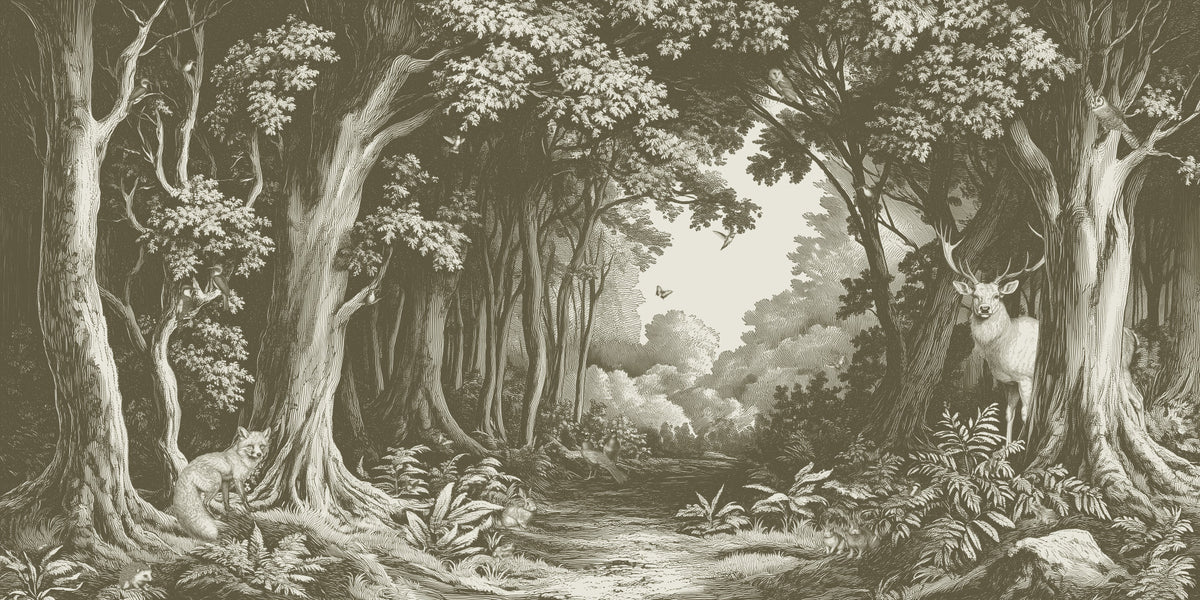 Into the Forest -  Olive Green Wall Mural in your room — zoomed