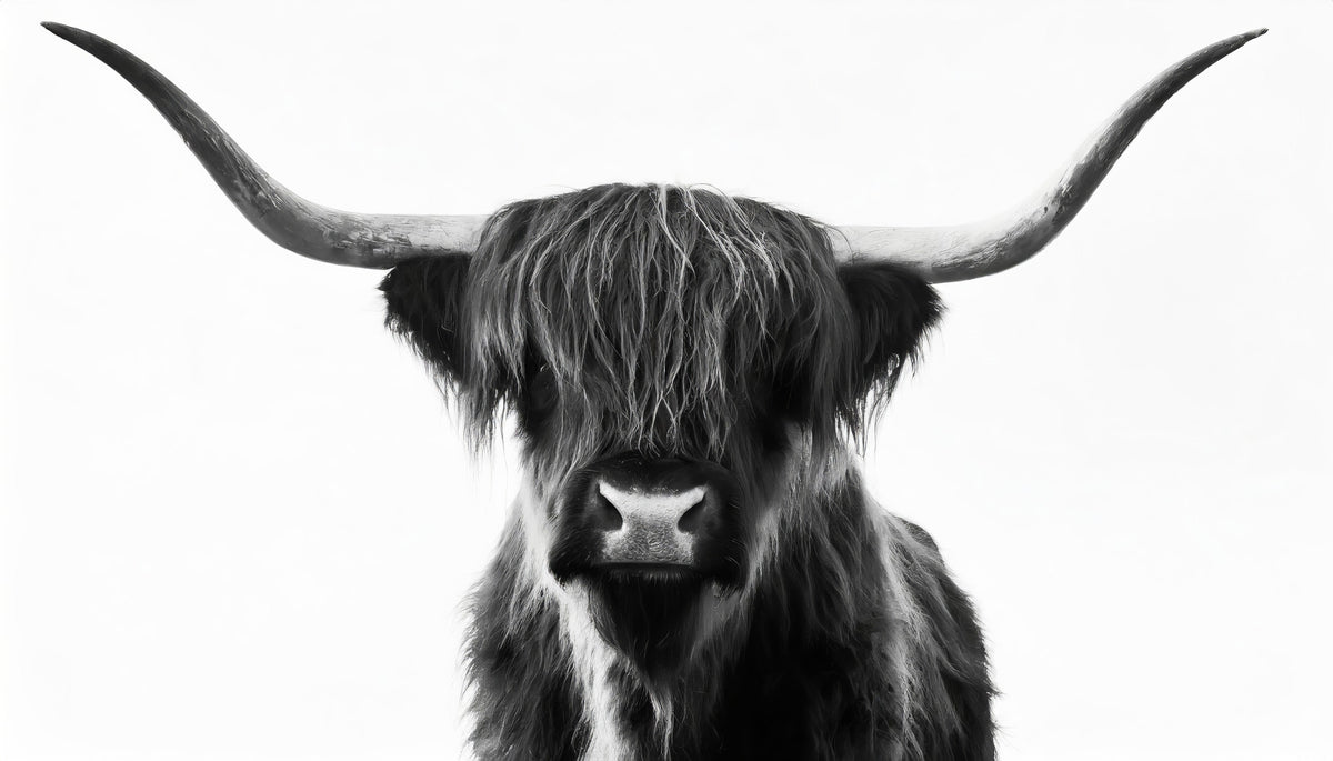 Monochrome Highland Horns and Hair Wall Mural in your room