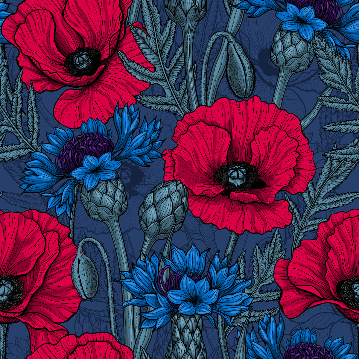 Midnight Garden Poppies and Cornflowers Wallpaper⁠