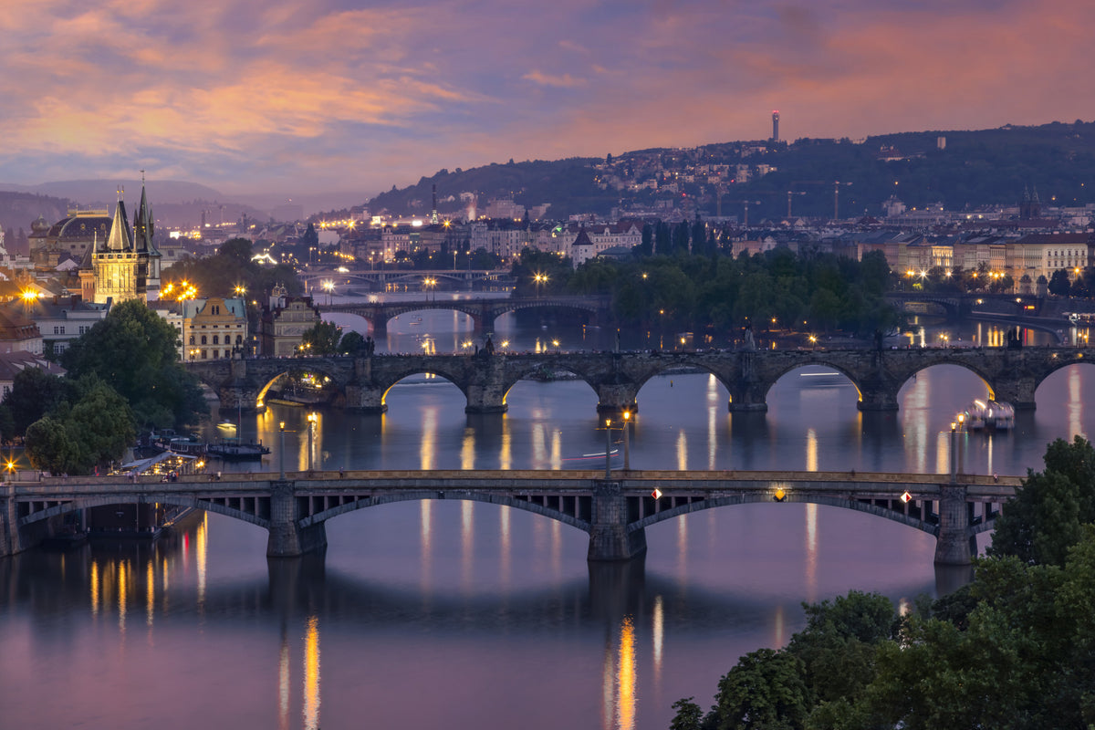 Evening view over the Vltava bridges in Prague Wall Mural in your room