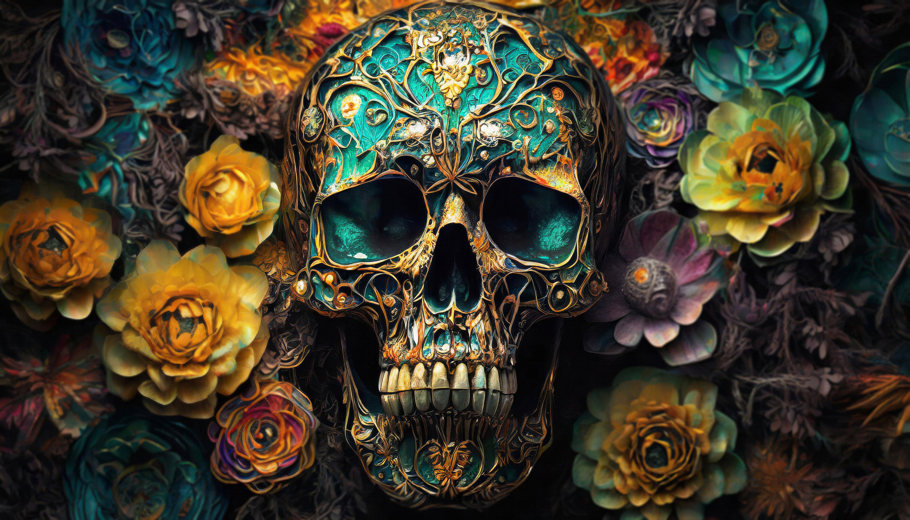 Memento Mori Blooms and Bone Wall Mural featuring skulls and flowers

