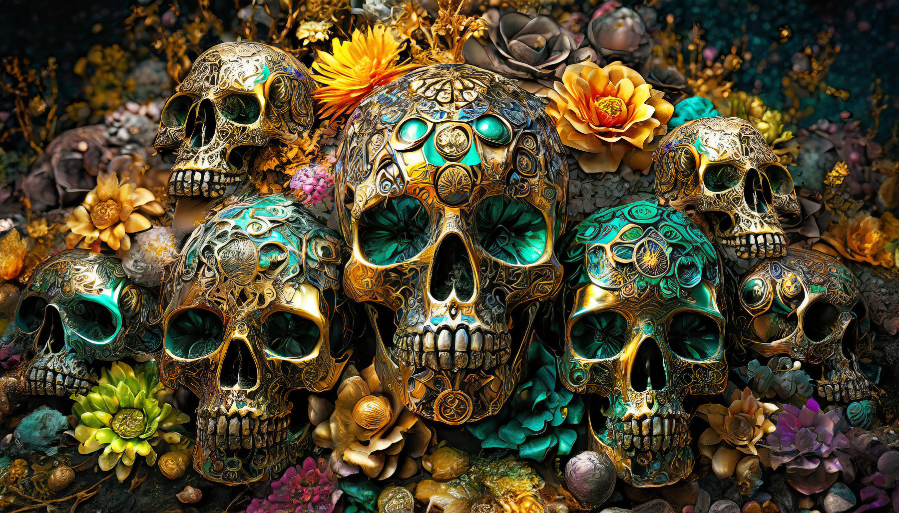 Golden Skulls & Floral Rhapsody Wall Mural in your room — zoomed