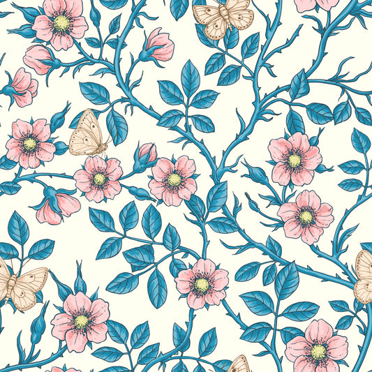 Wild roses and butterflies /pink/blue/off white Wallpaper⁠