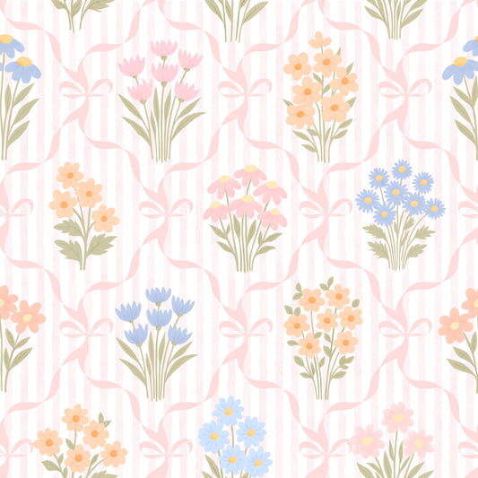 Vintage Retro Cottagecore Spring Floral Bouquet Pattern with Pink Ribbons Wallpaper⁠