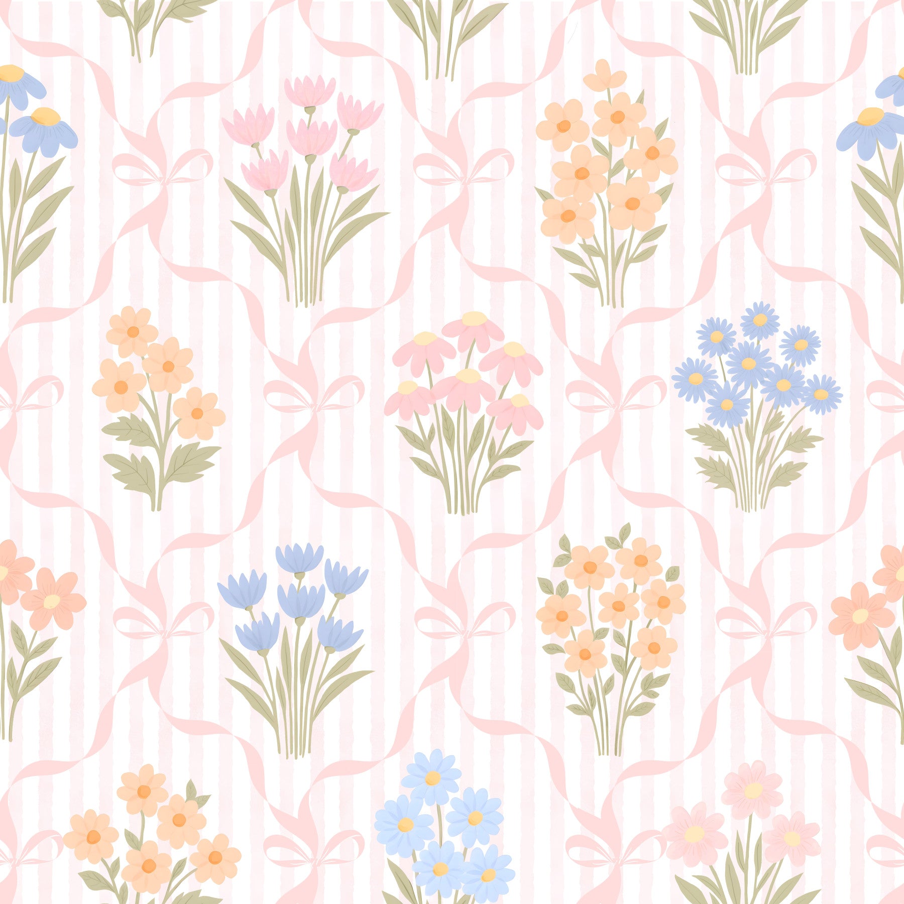 Vintage Retro Cottagecore Spring Floral Bouquet Pattern with Pink Ribbons Wallpaper⁠