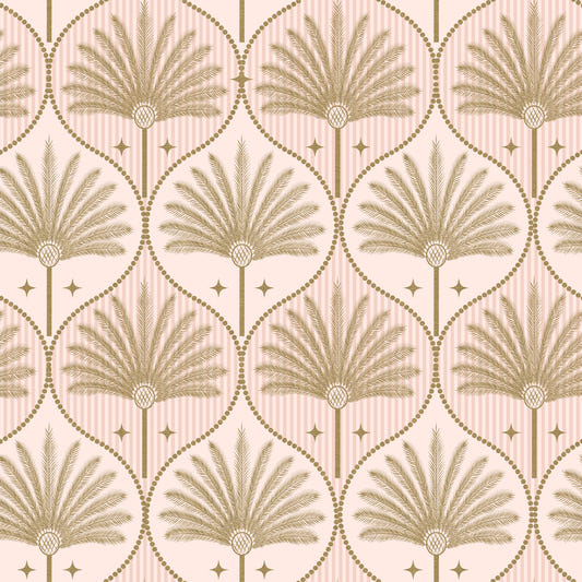 Art Deco Gold Tropical Palm Tree with Pink Stripes Wallpaper⁠