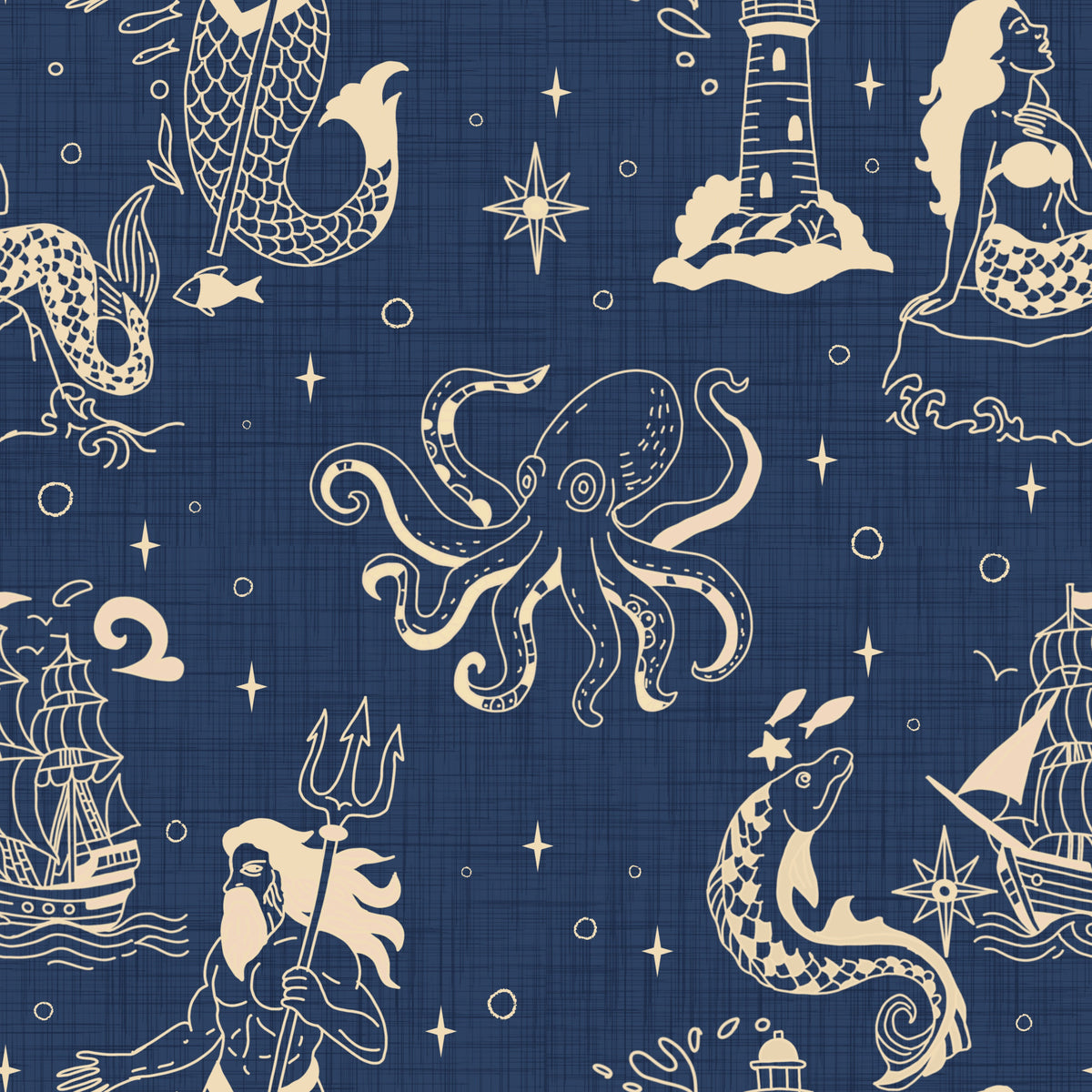 Nautical Mythology Inked - Retro Ocean Blue Wallpaper⁠ in your room