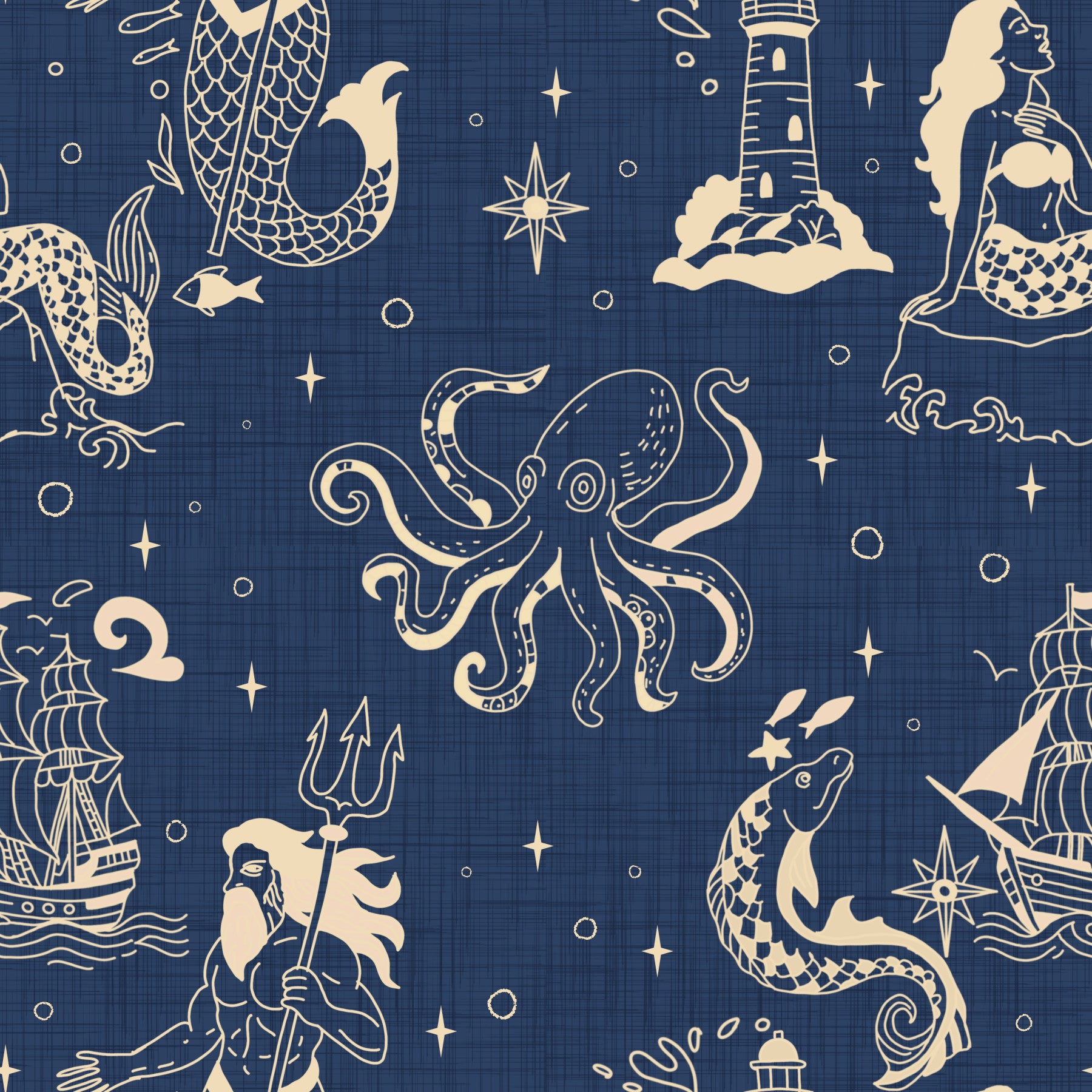 Nautical Mythology Inked - Retro Ocean Blue Wallpaper⁠
