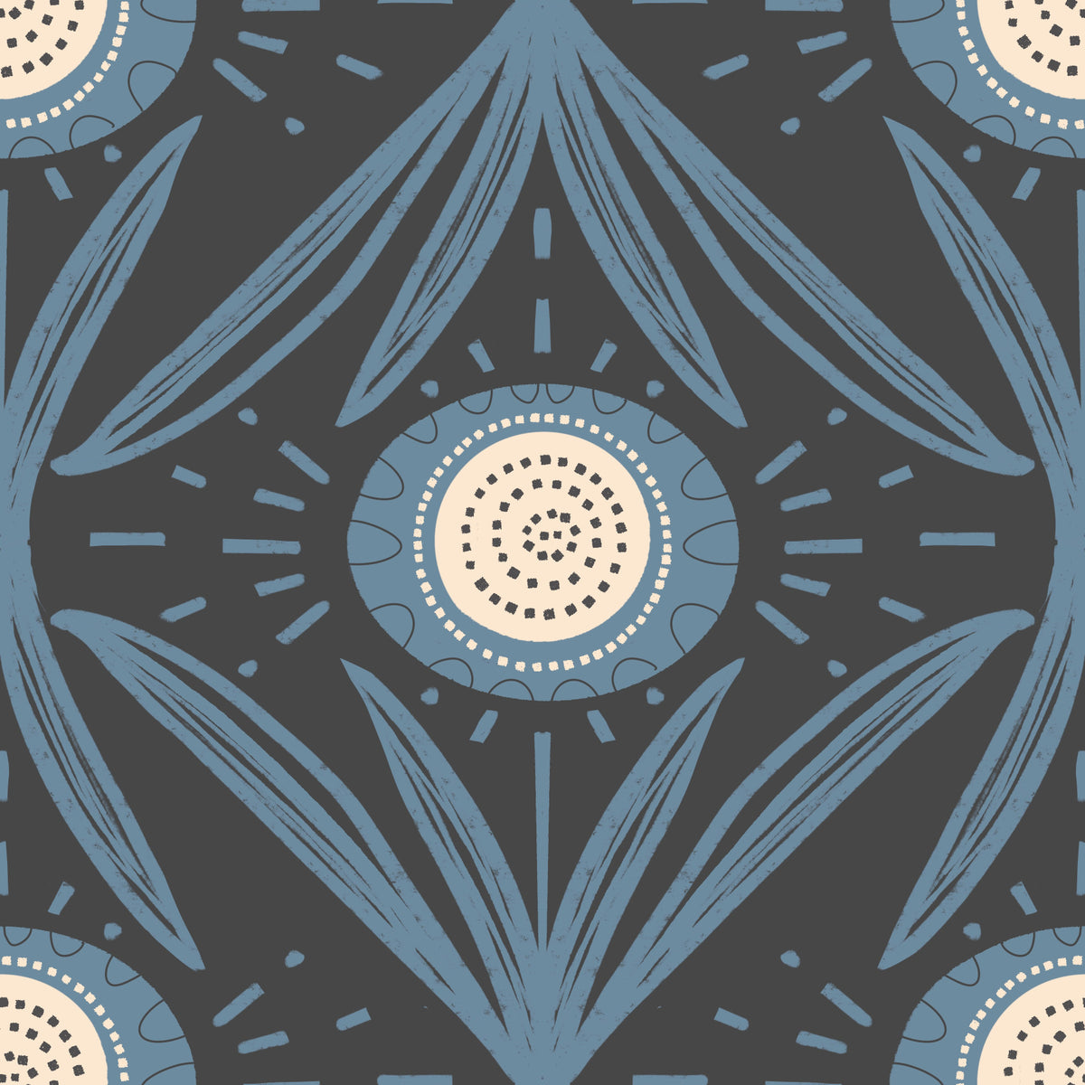 Folk Bloom Radiance Dusty Blue Charcoal - Retro Floral Wallpaper⁠