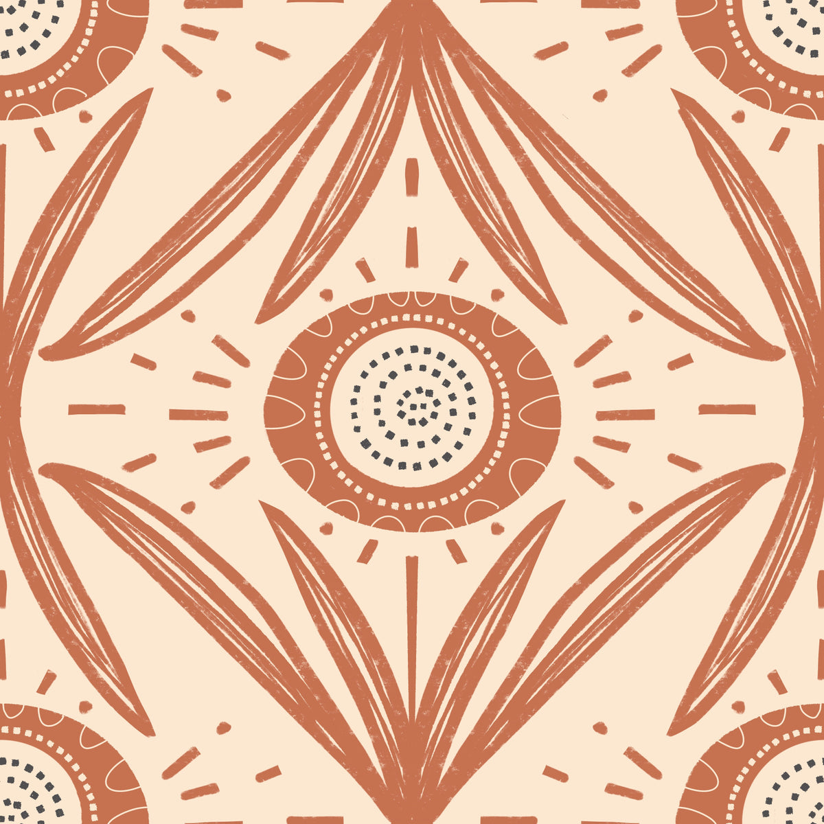 Folk Bloom Radiance Terracotta - Retro Cottage Floral Wallpaper⁠