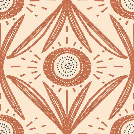 Folk Bloom Radiance Terracotta - Retro Cottage Floral Wallpaper⁠