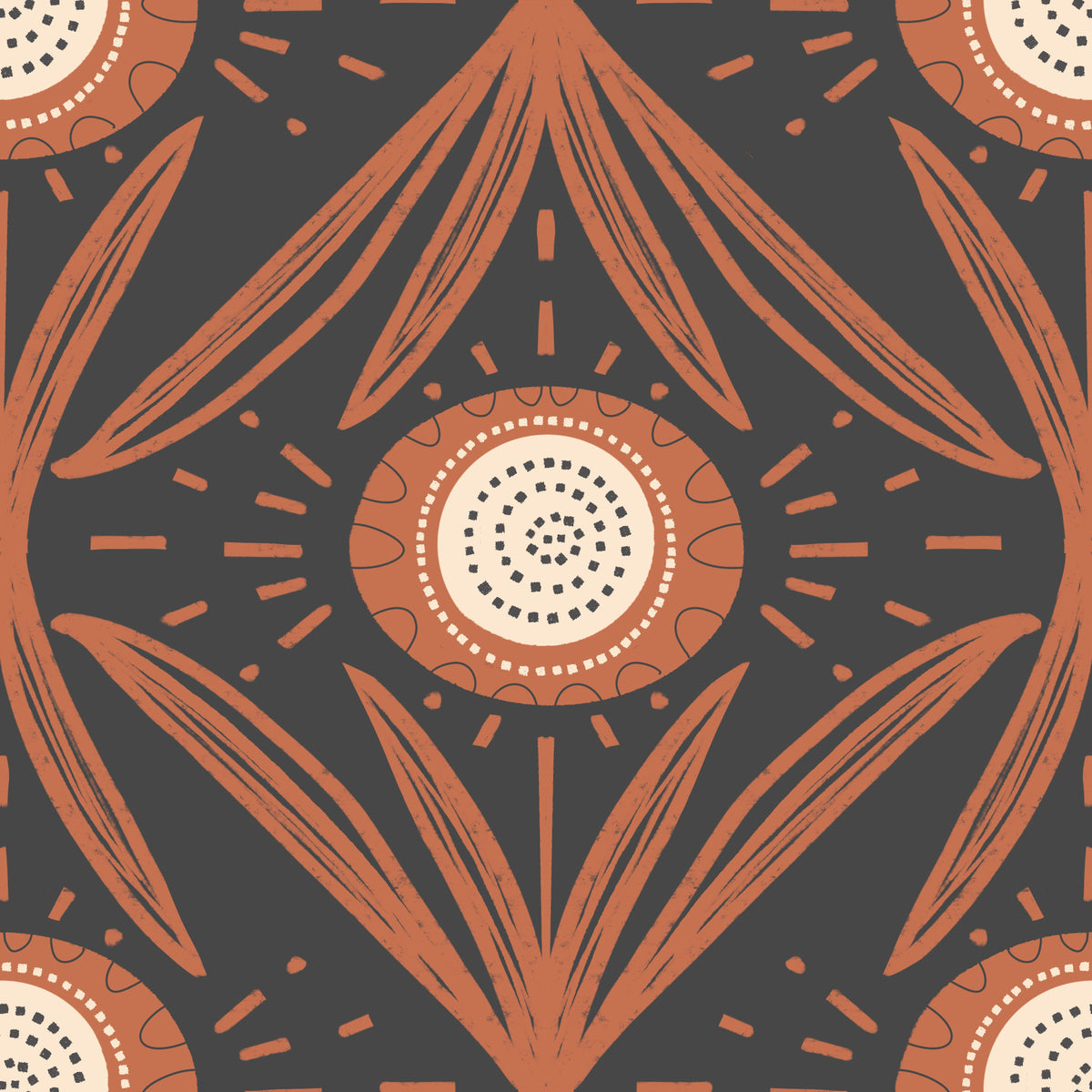 Folk Bloom Radiance Terracotta Charcoal - Mid Mod Floral Wallpaper⁠ in your room