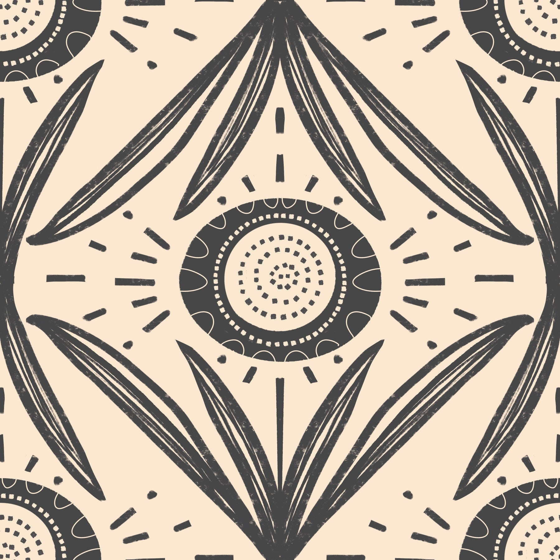 Folk Bloom Radiance Charcoal cream - Retro Contrast Floral Wallpaper⁠