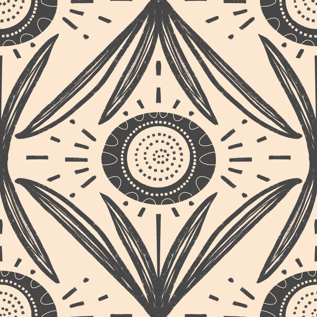Folk Bloom Radiance Charcoal cream - Retro Contrast Floral Wallpaper⁠ in your room — zoomed
