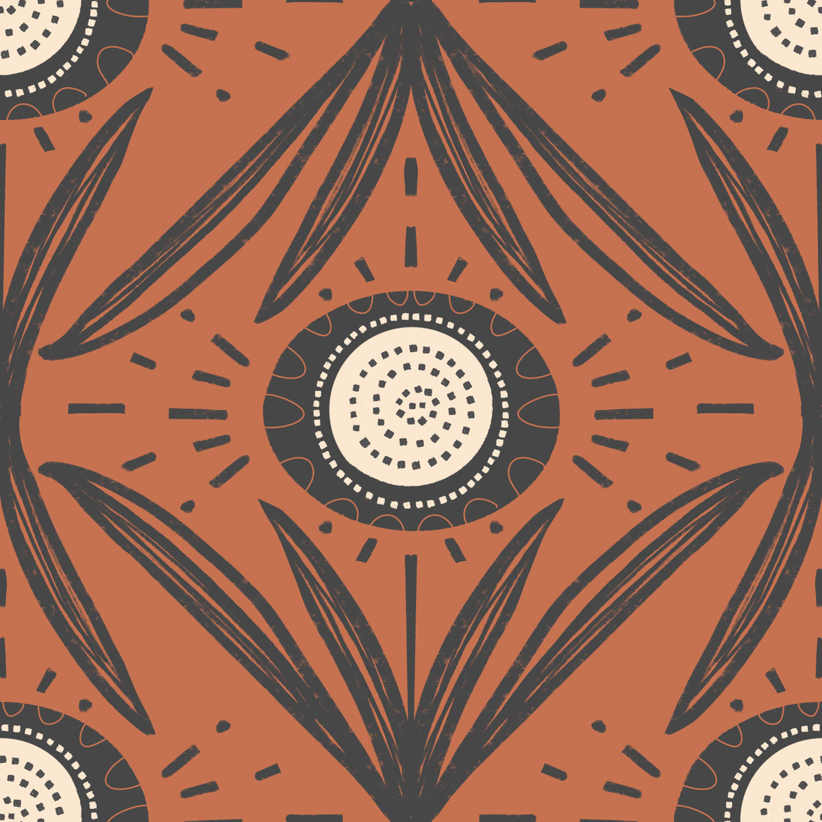 Folk Bloom Radiance Charcoal Terracotta - Retro Contrast Floral Wallpaper⁠ in your room