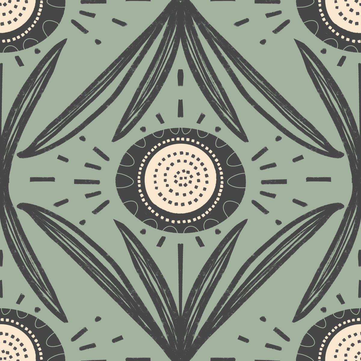 Folk Bloom Radiance Charcoal Sage - Rustic Modern Floral Wallpaper⁠ in your room — zoomed