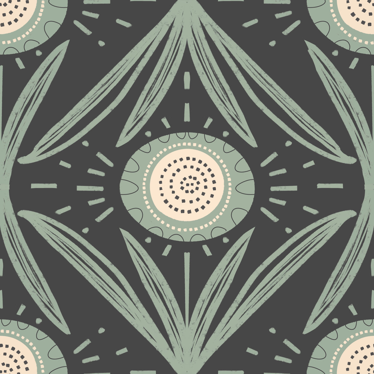 Folk Bloom Radiance Sage Charcoal - Bold Cottage Floral Wallpaper⁠ in your room