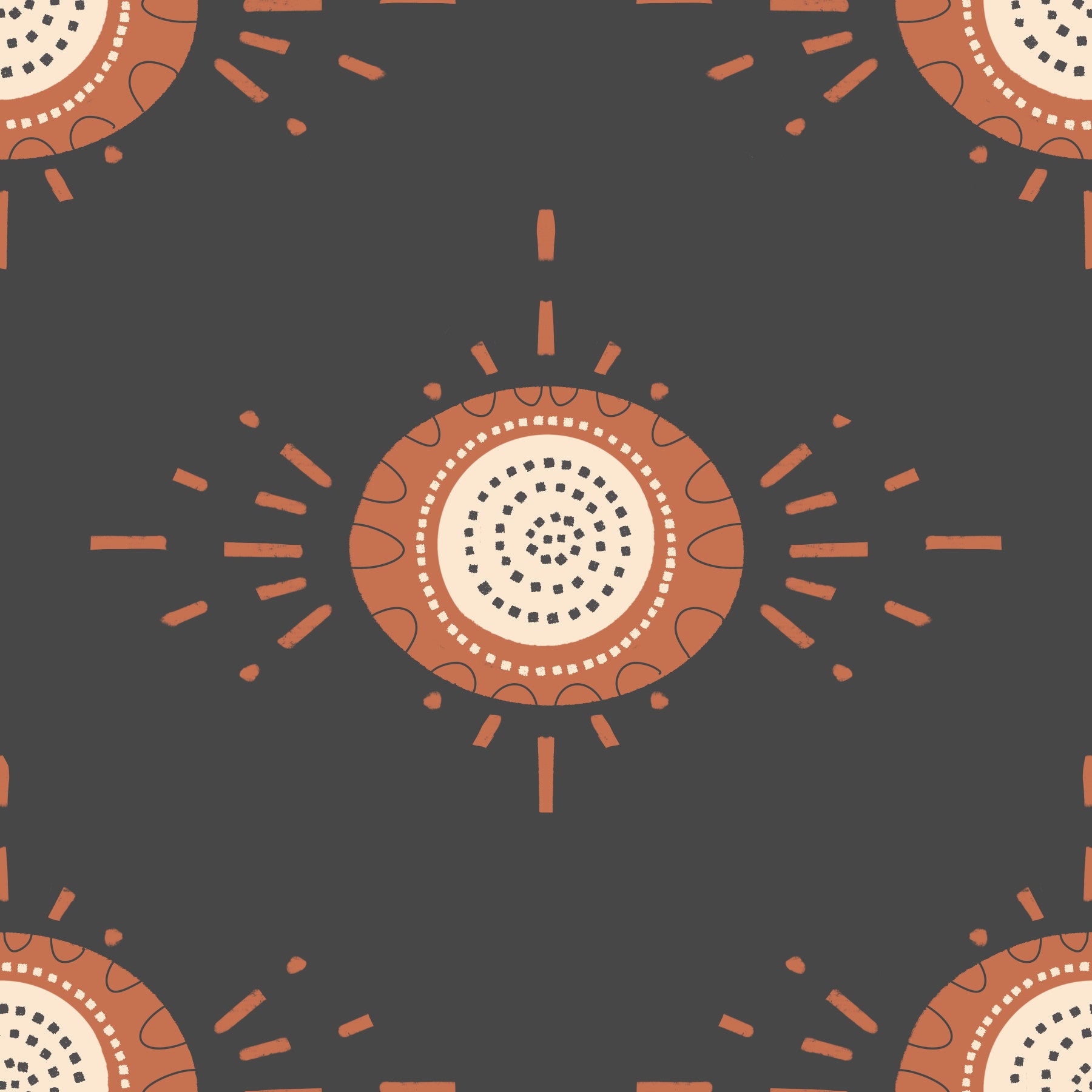 Folk Bloom Light Terracotta Charcoal Wallpaper with geometric floral motifs

