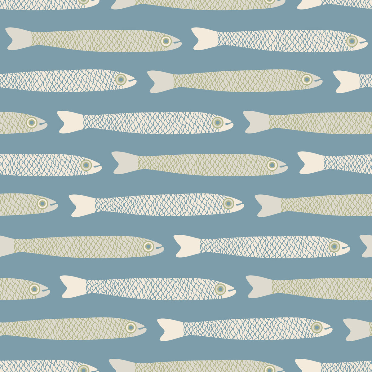 Anchovies Retro Cream Sage Green Fish on Light Blue Wallpaper⁠ in your room — zoomed