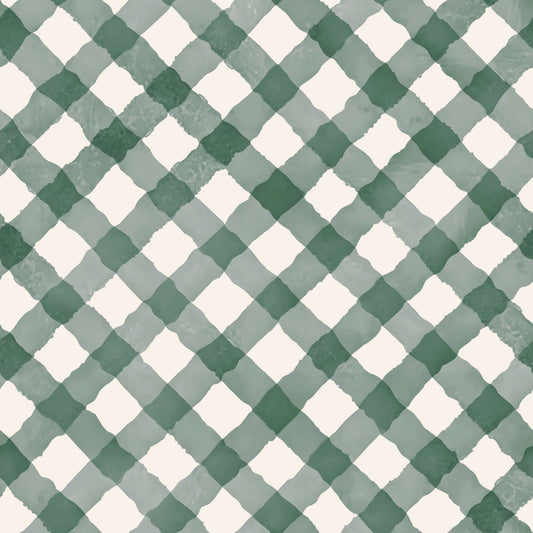 Hand Painted Dark Green Festive Gingham Wallpaper⁠