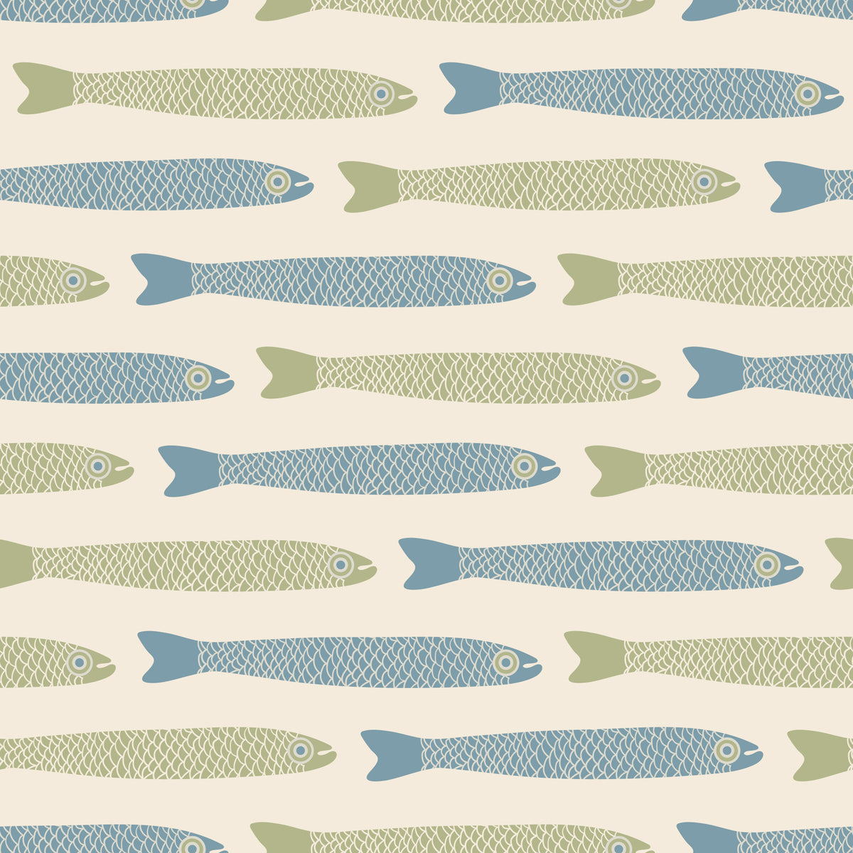Anchovies Retro Blue Sage Green Fish on Cream Wallpaper⁠ in your room
