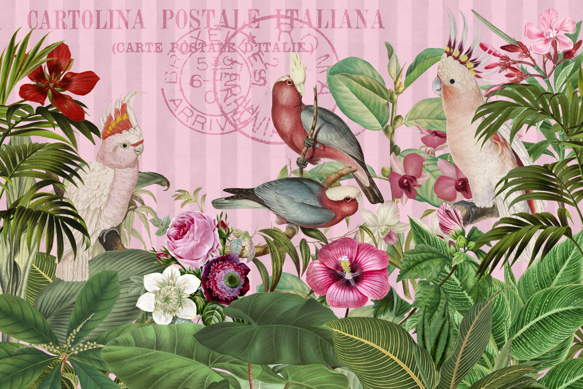 Cockatoos Lush Exotic Flower Paradise Wall Mural in your room — zoomed