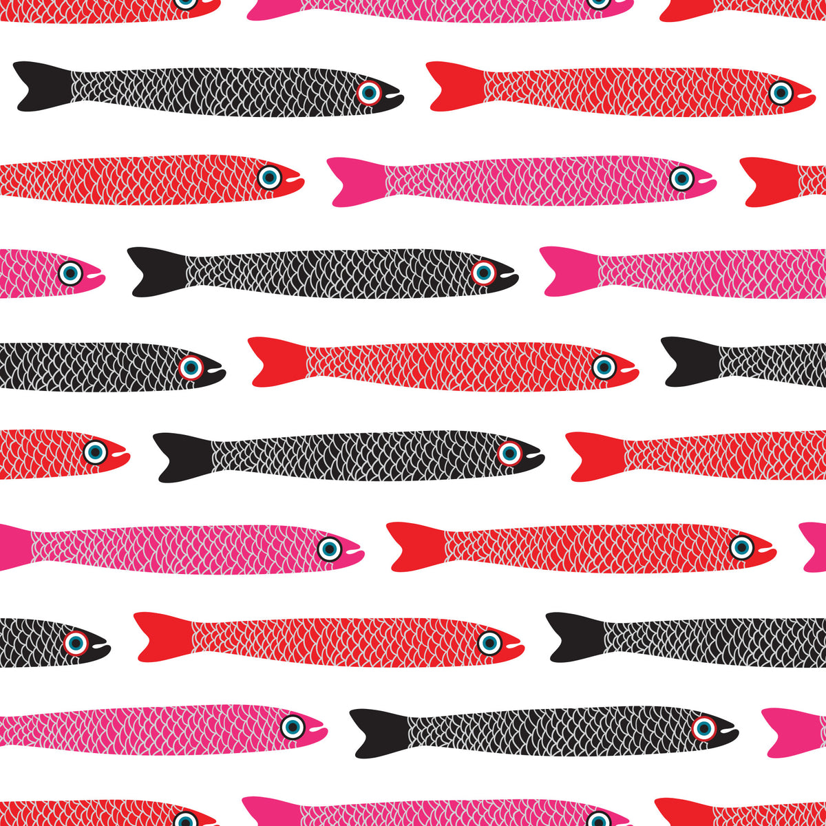 Anchovies Retro Red Pink Black Fish on White Wallpaper⁠ in your room — zoomed