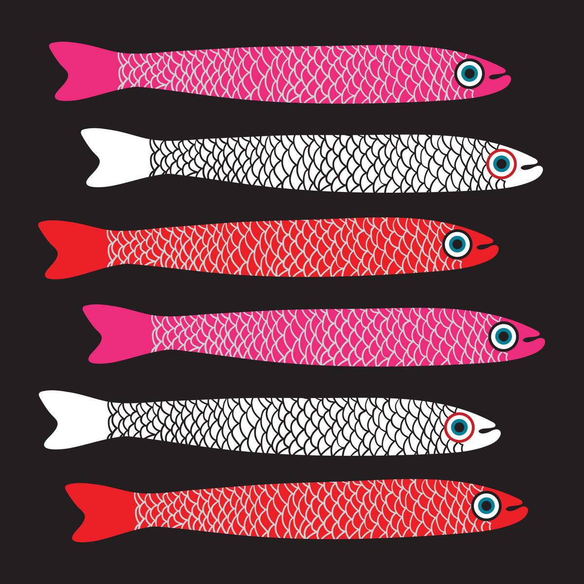 Anchovies Retro Red Pink White Fish on Black Wall Mural in your room — zoomed