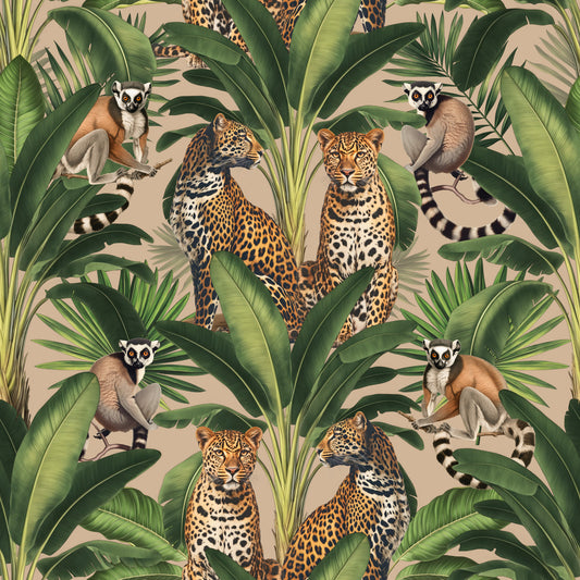 Cheetah And Monkey Jungle Beige Wallpaper⁠