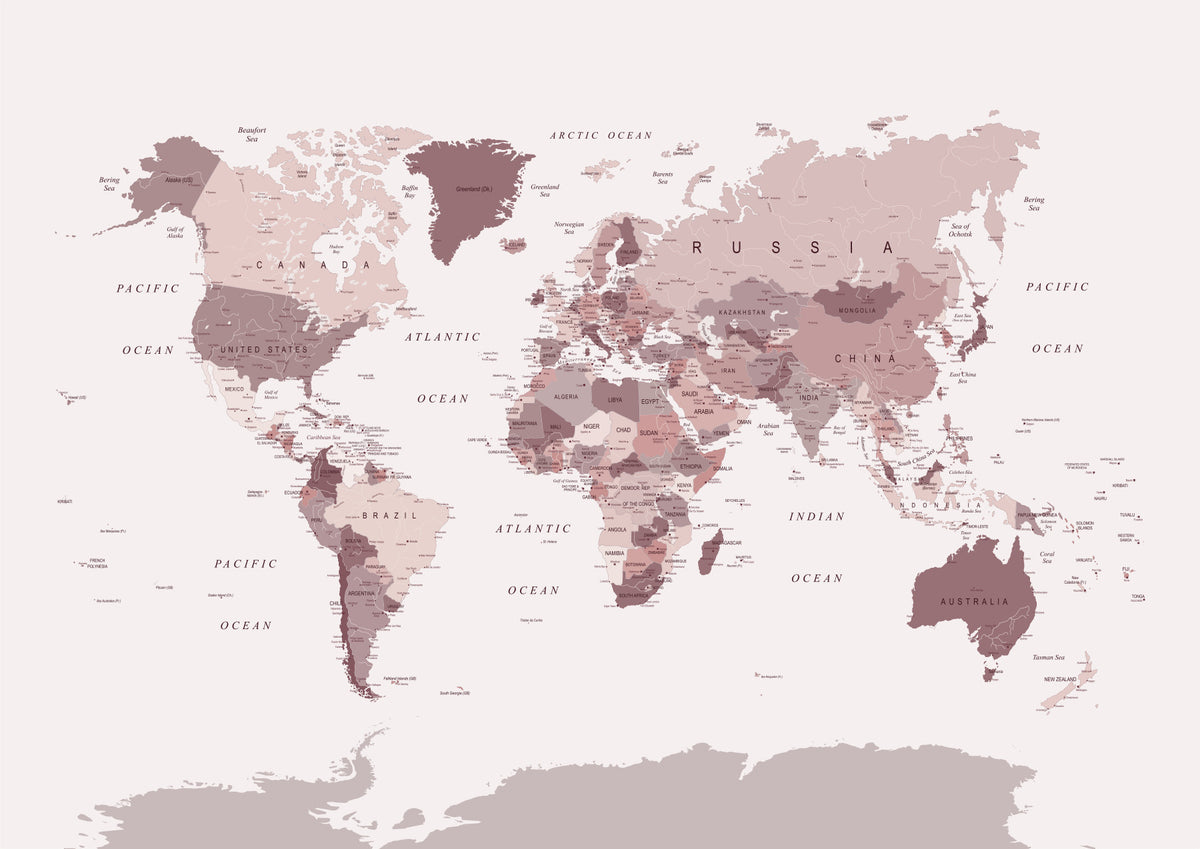 World Map - Blush Pink Cranberry Wall Mural in your room — zoomed